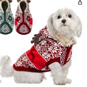 🐶Reindeer Argyle Dig Sweater Coat Jacket  Faux Fur Hood  Size -XSmall *New